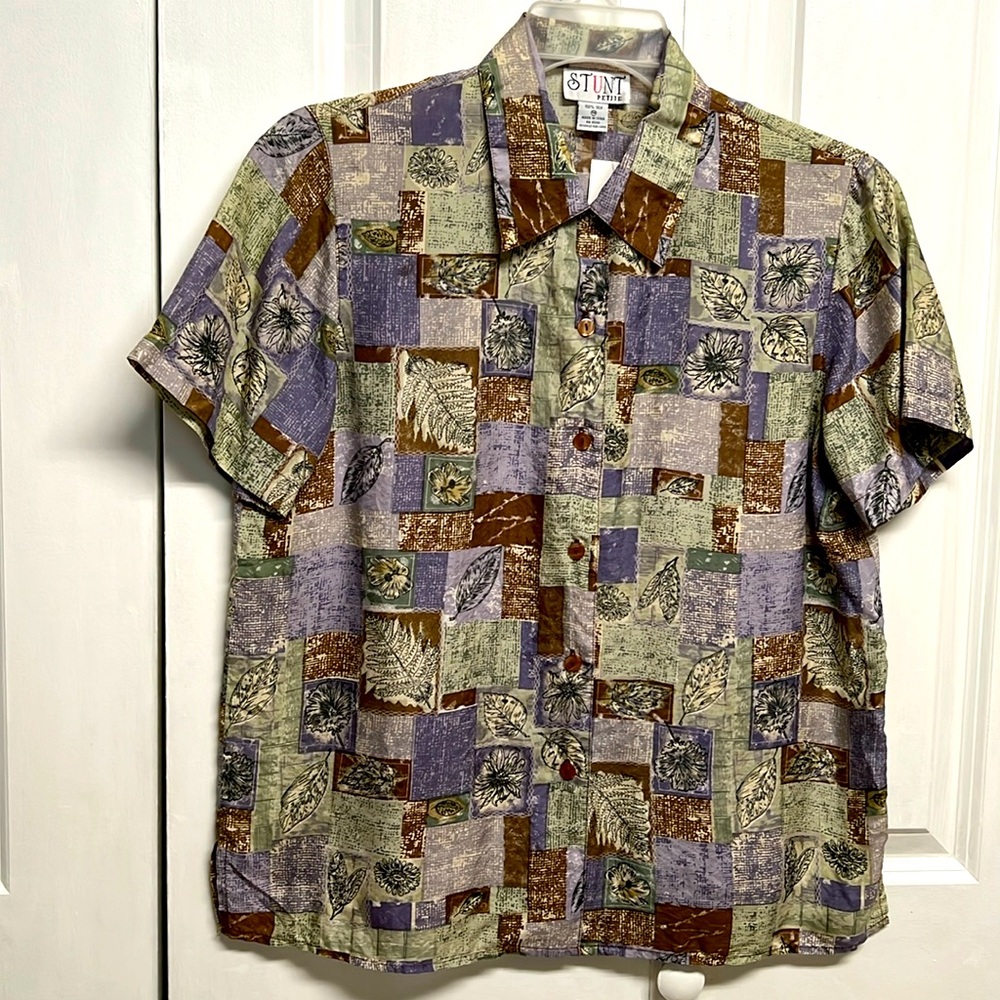 Vintage Stunt Mult Color Floral Print Short Sleeve Silk Top Size PM